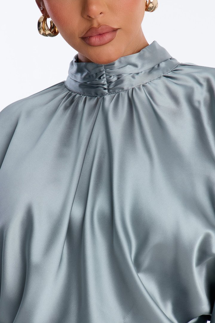 Kamille Balloon Sleeve Satin Mini Dress - Slate Blue