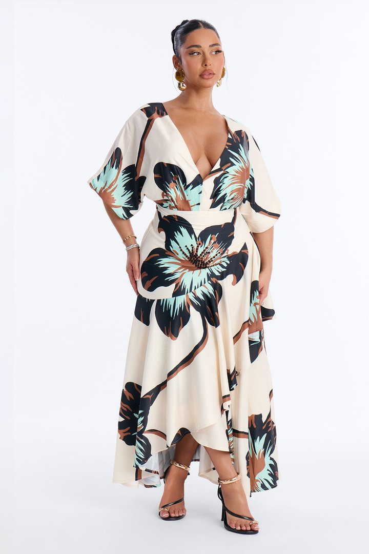 Marlene Short Sleeve Satin Maxi Dress - Ivory/combo
