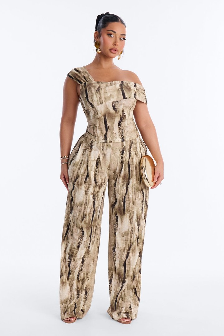 Olivia Printed One Shoulder Pant Set - Olive/combo