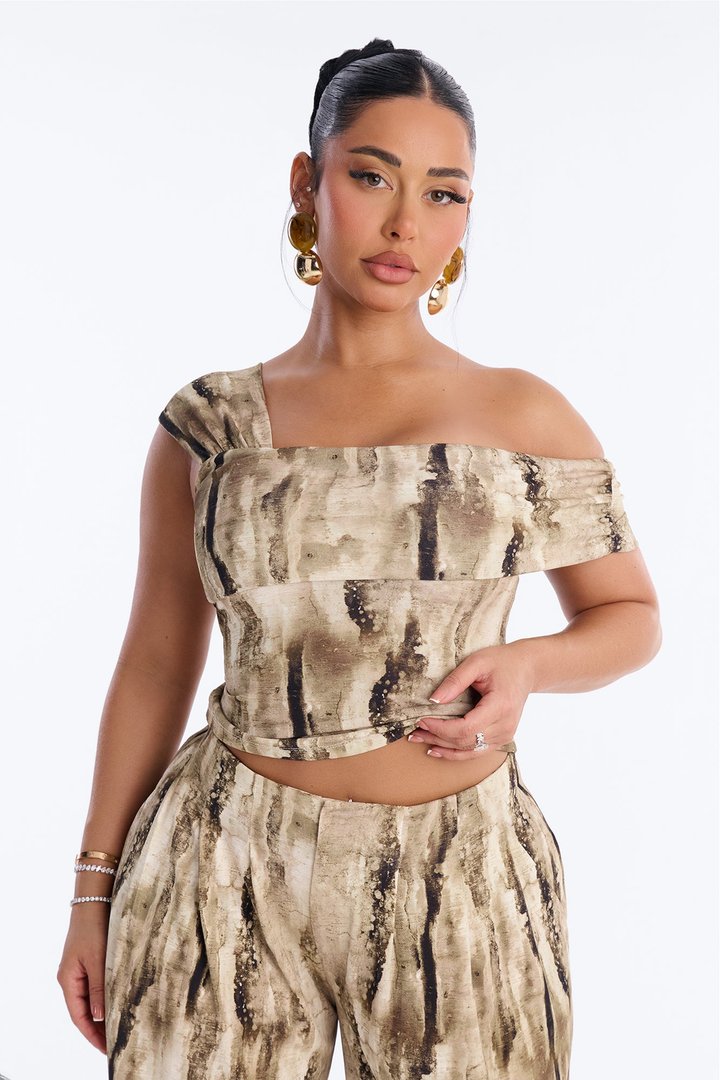 Olivia Printed One Shoulder Pant Set - Olive/combo