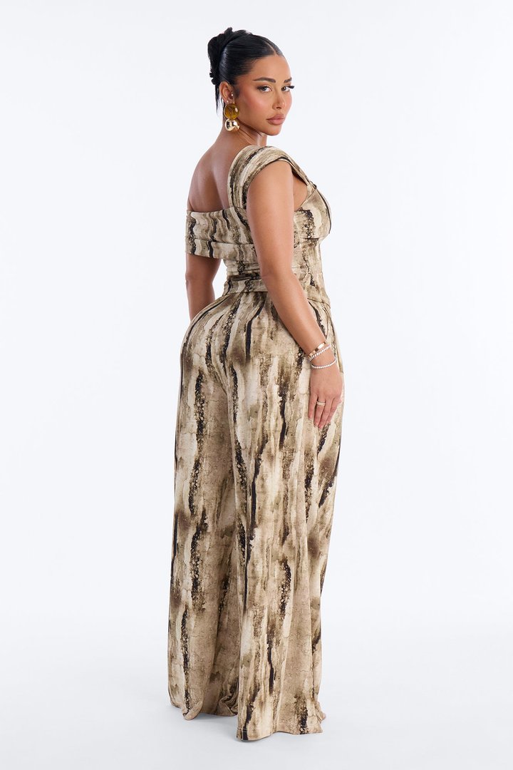 Olivia Printed One Shoulder Pant Set - Olive/combo