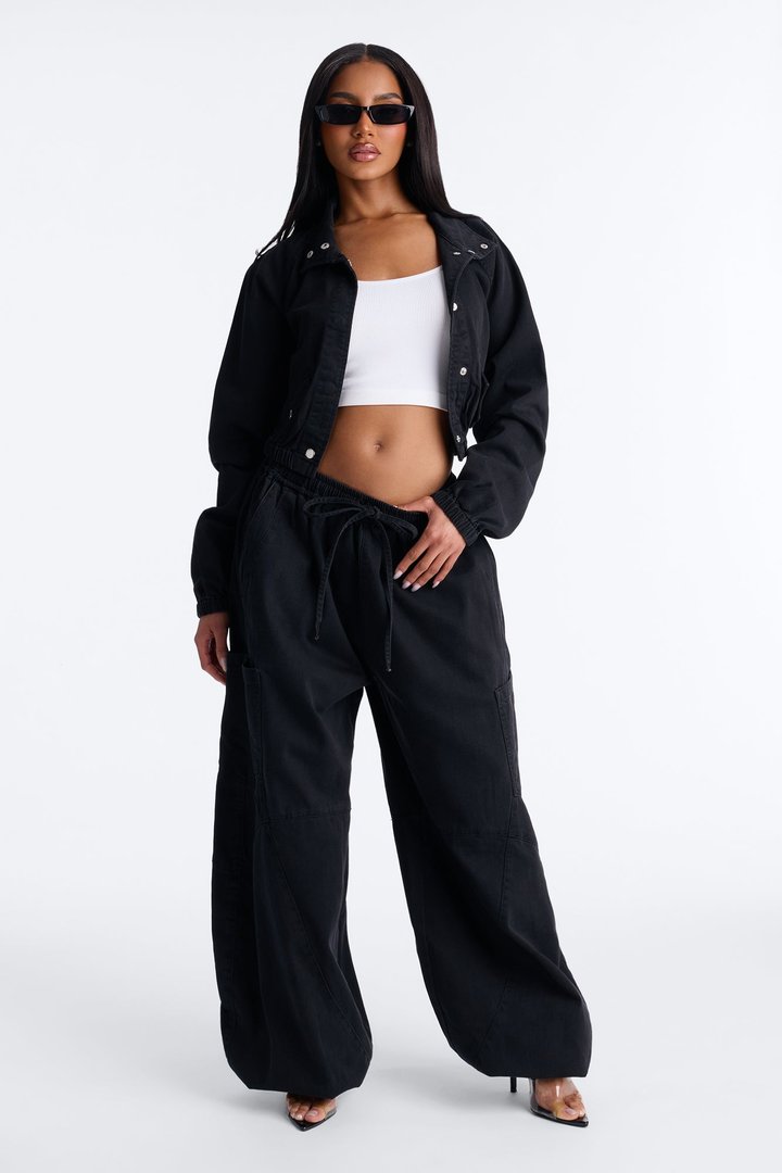 Premium Drapey Pull On Jogger Baggy Jeans - Black Wash