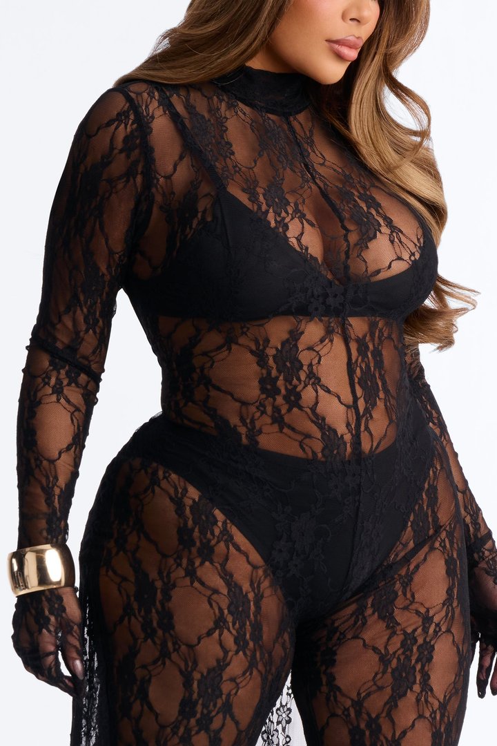 Candace Lace Gloved 3 Piece Jumpsuit Set - Black