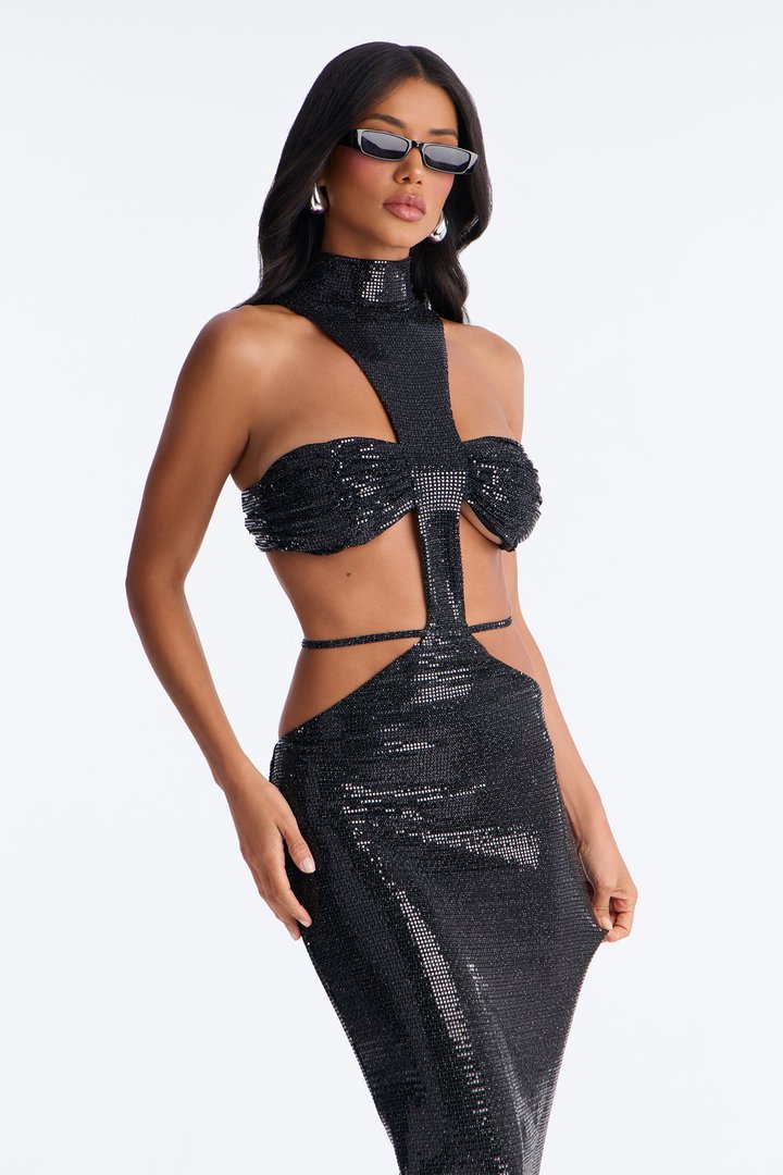 Bossed Up Cut Out Embellished Maxi Dress - Black