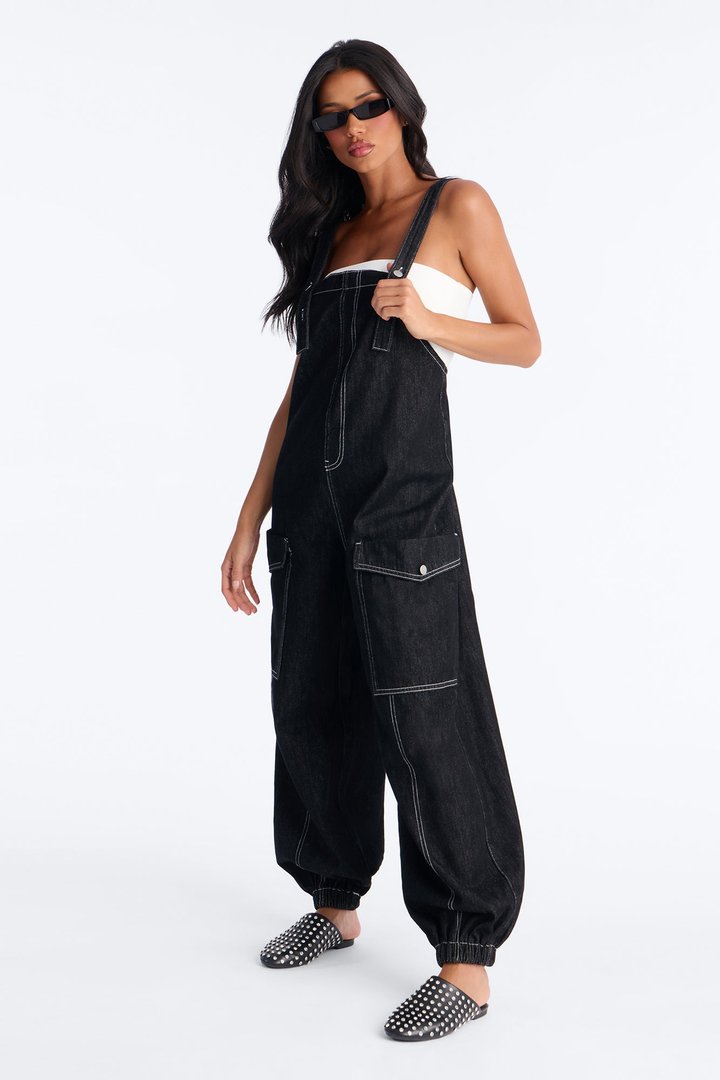 Reel It In Baggy Denim Overalls - Black