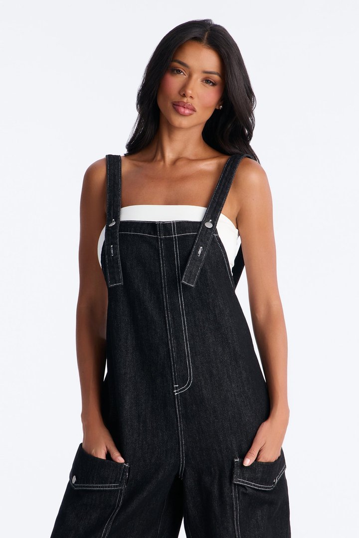 Reel It In Baggy Denim Overalls - Black