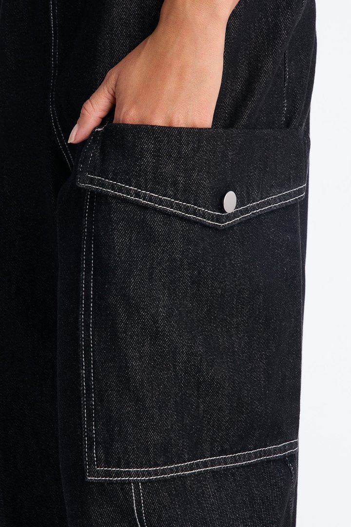 Reel It In Baggy Denim Overalls - Black