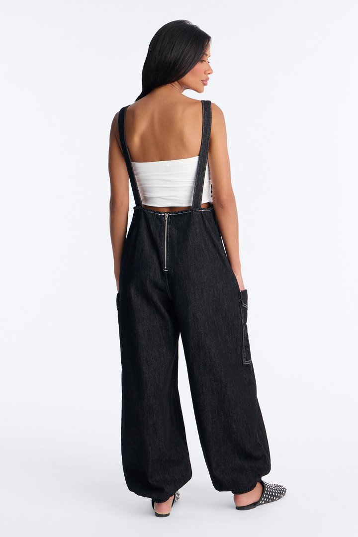 Reel It In Baggy Denim Overalls - Black