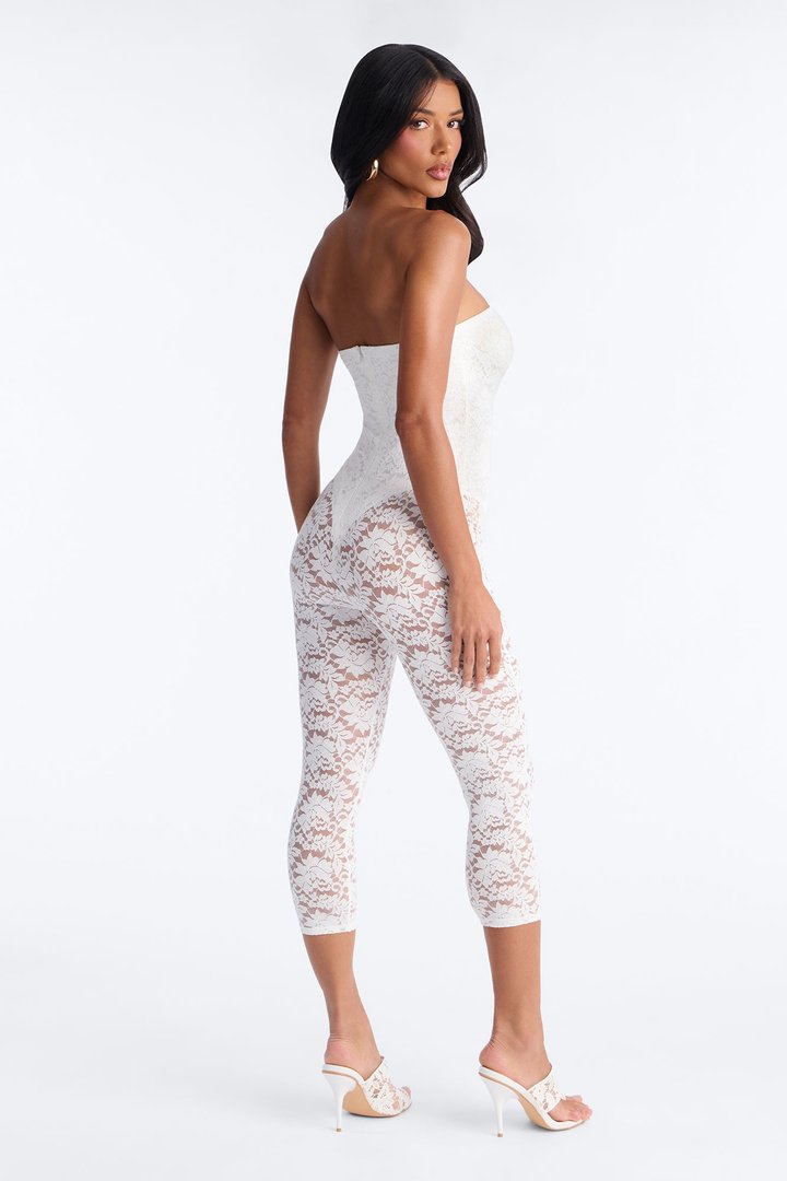 Mara Strapless Lace Capri Catsuit - White
