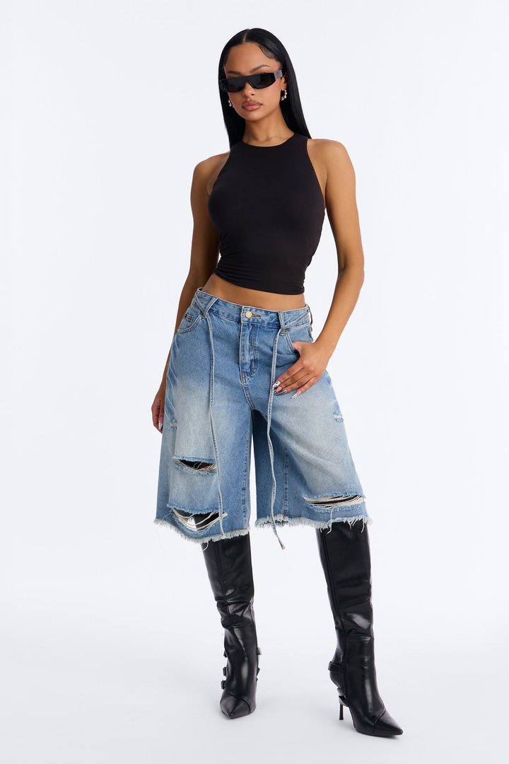 Ludlow Drawstring Ripped Denim Jorts - Vintage Wash