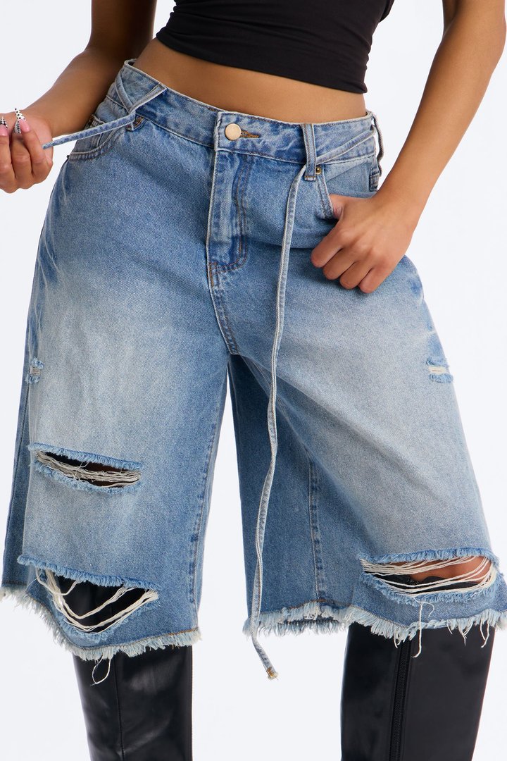 Ludlow Drawstring Ripped Denim Jorts - Vintage Wash