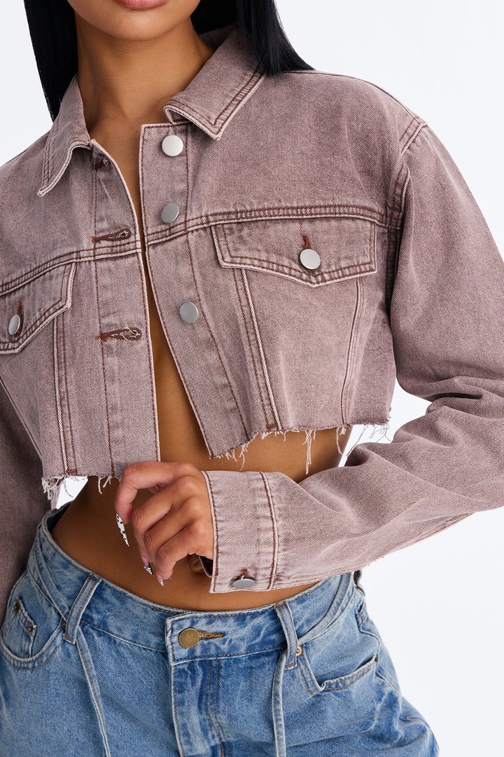 My Better Half Raw Hem Cropped Denim Jacket - Brown