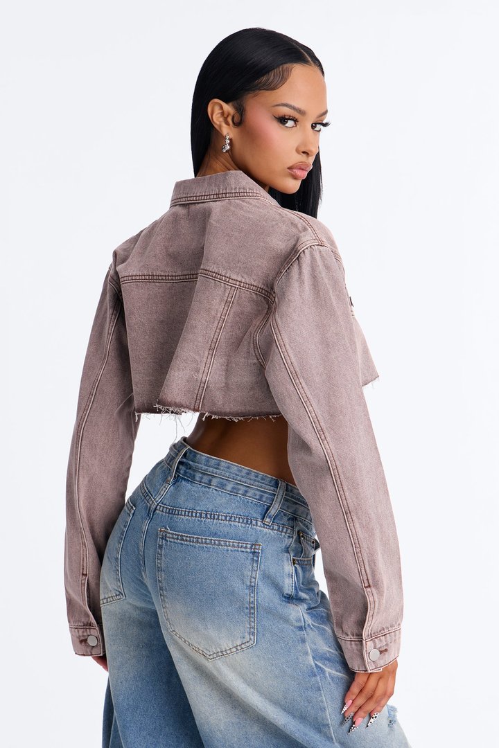 My Better Half Raw Hem Cropped Denim Jacket - Brown