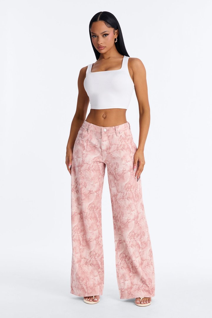 Learn To Love Printed Wide Leg Jeans - Pink/combo