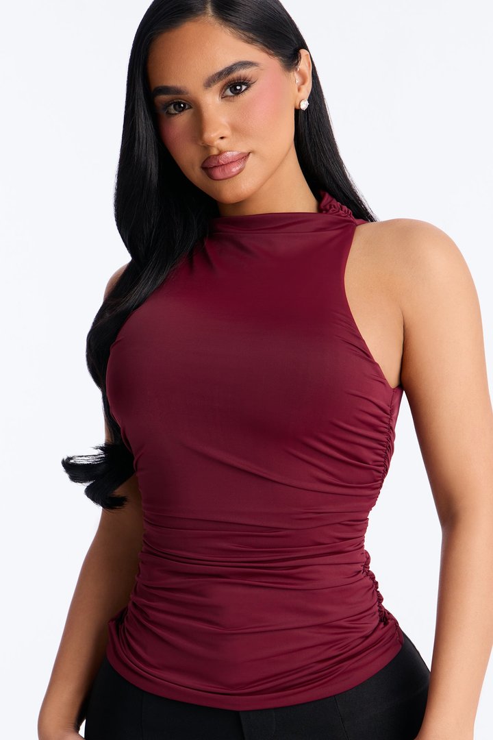 Subtle Intentions Ruched Mock Neck Sleeveless Top - DarkRed