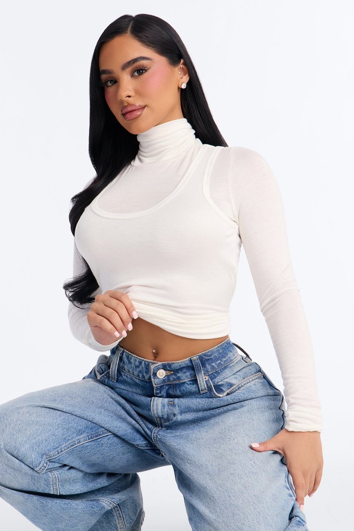 Katelynn Turtle Neck Layered Long Sleeve Top - White