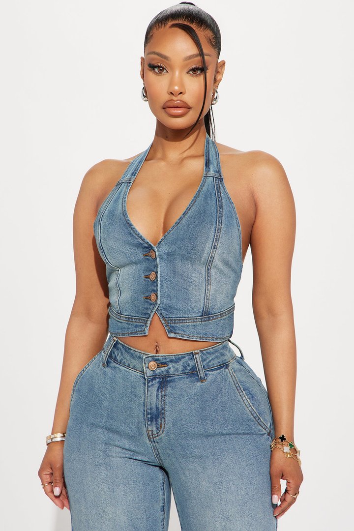 Delusional Denim Halter Top - Medium Wash