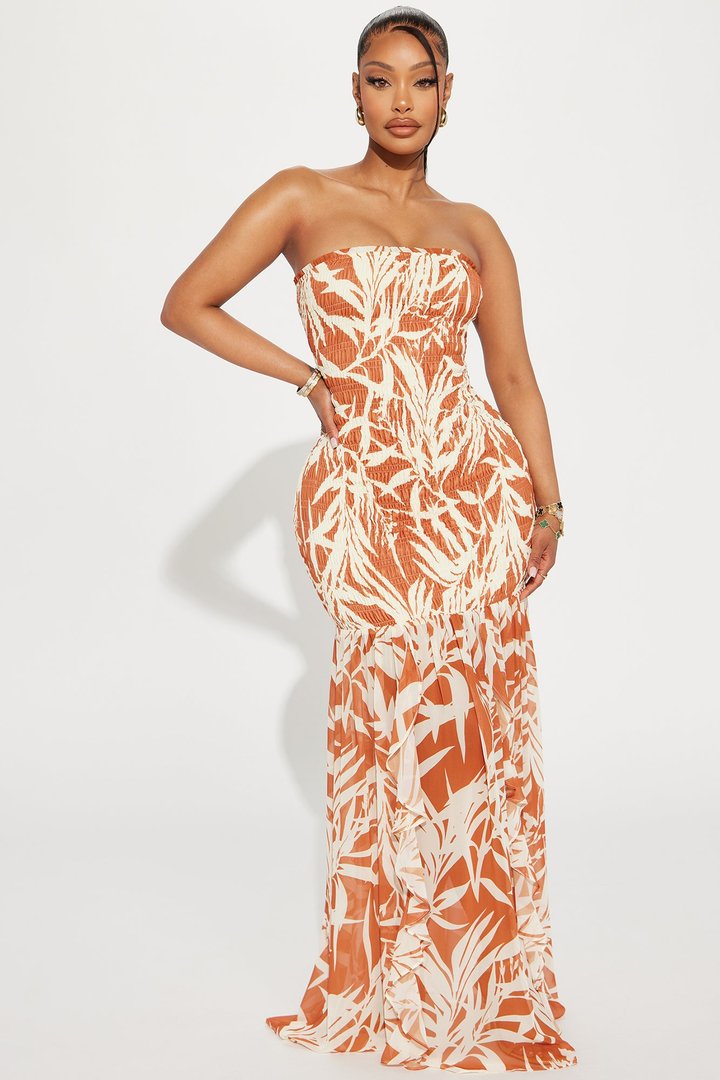Amaya Tropical Maxi Dress - Cognac