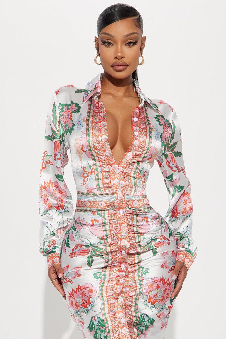 Becoming Richer Satin Shirt Dress - Brown Combo