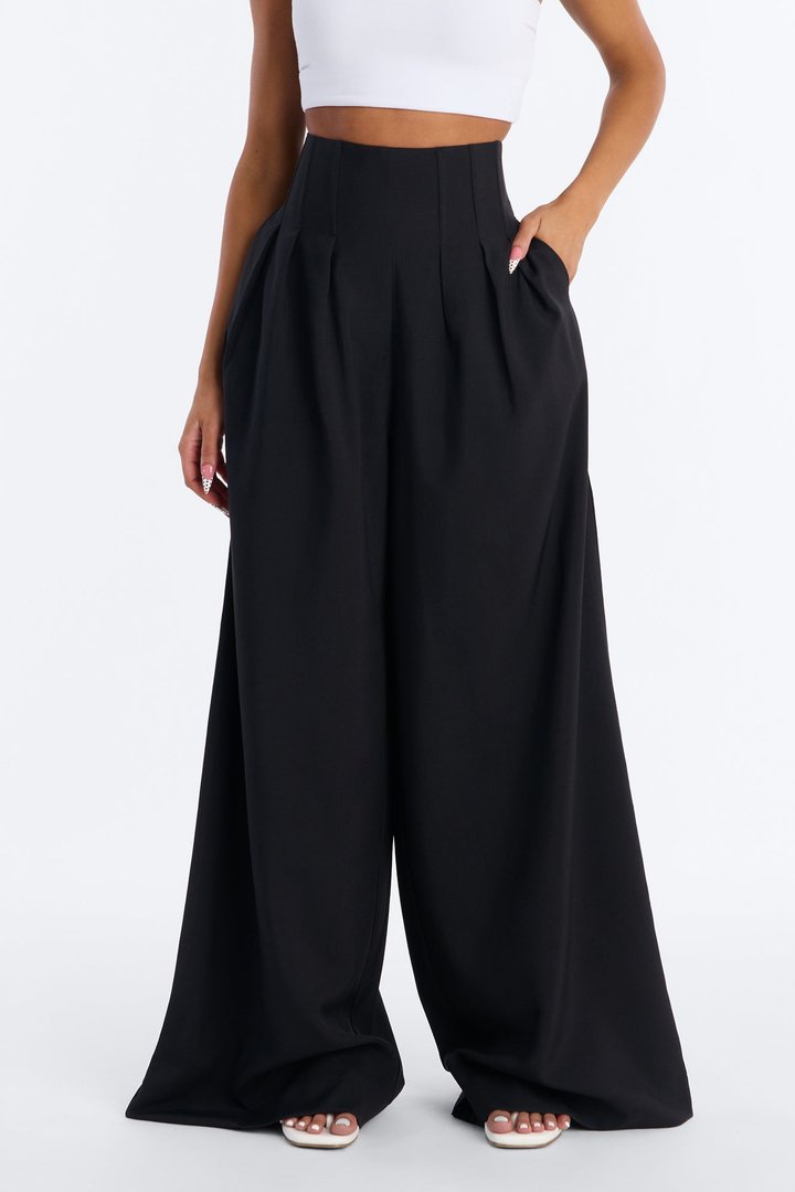 Talia High Rise Corset Waist Wide Leg Pant 33″ - Black
