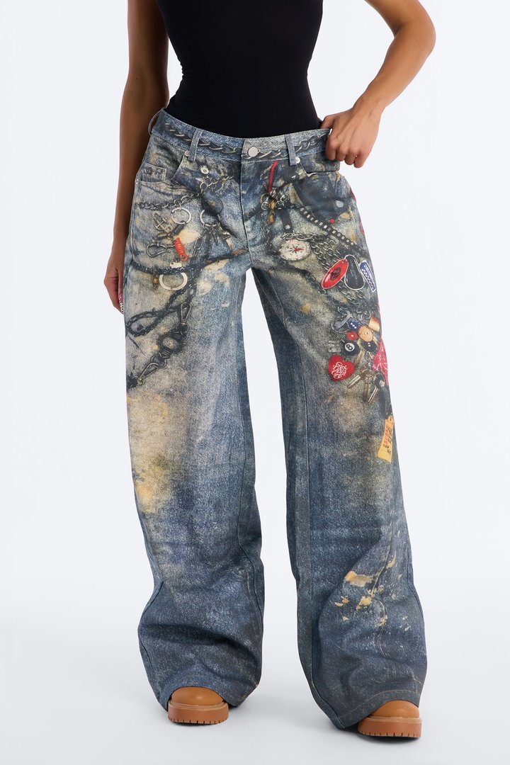Baddie Essentials Low Rise Graphic Denim Print Pant 33″ - Blue/combo