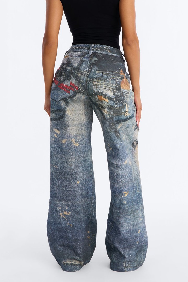 Baddie Essentials Low Rise Graphic Denim Print Pant 33″ - Blue/combo