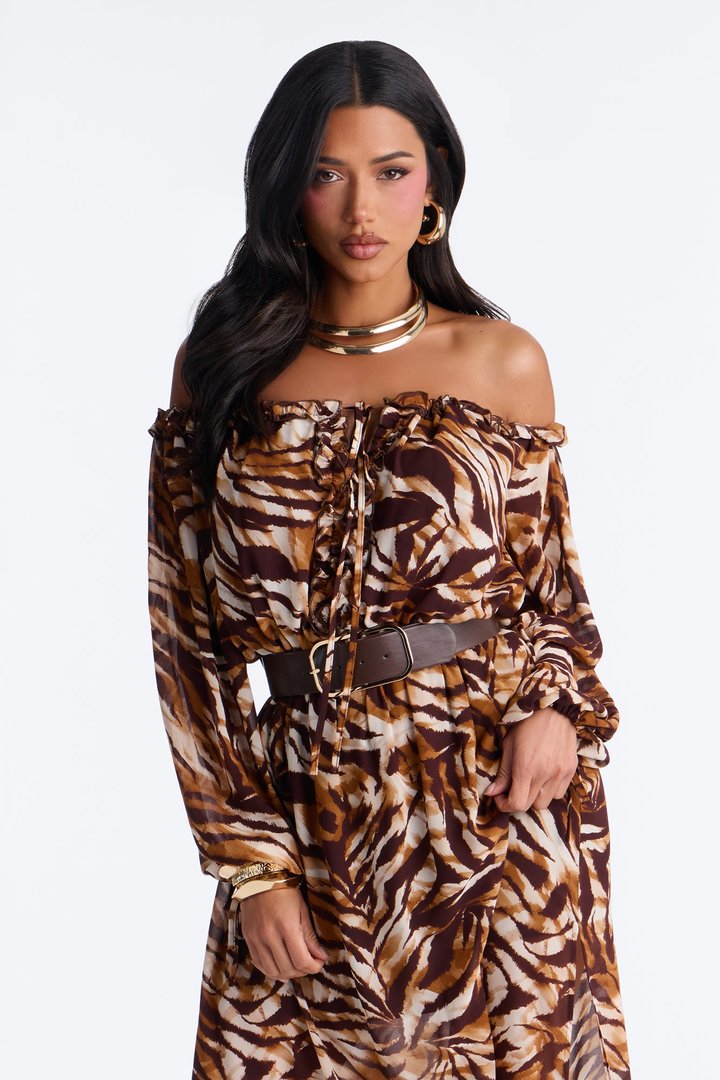 Amara Off Shoulder Chiffon Maxi Dress - Brown/combo