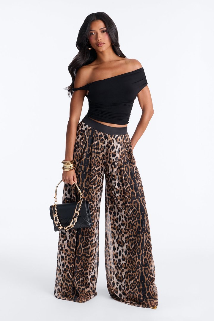 Flowy Layered Chiffon Leopard Wide Leg Pant 33″ - Leopard