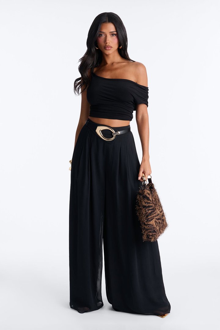 Flowy Layered Chiffon Wide Leg Pant 33″ - Black