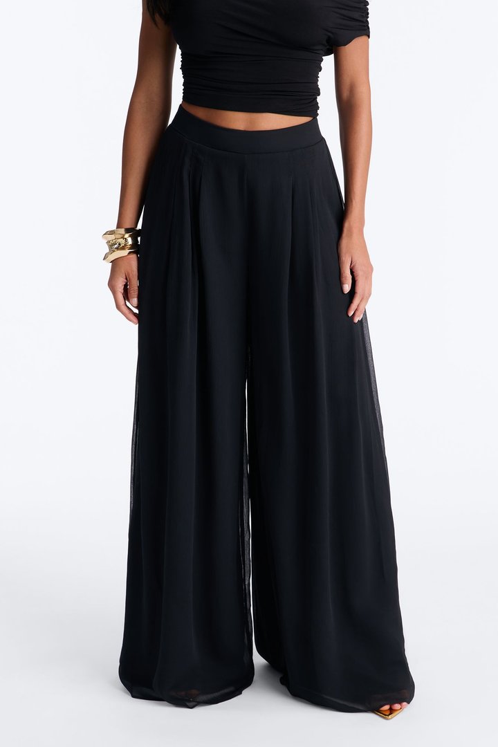 Flowy Layered Chiffon Wide Leg Pant 33″ - Black