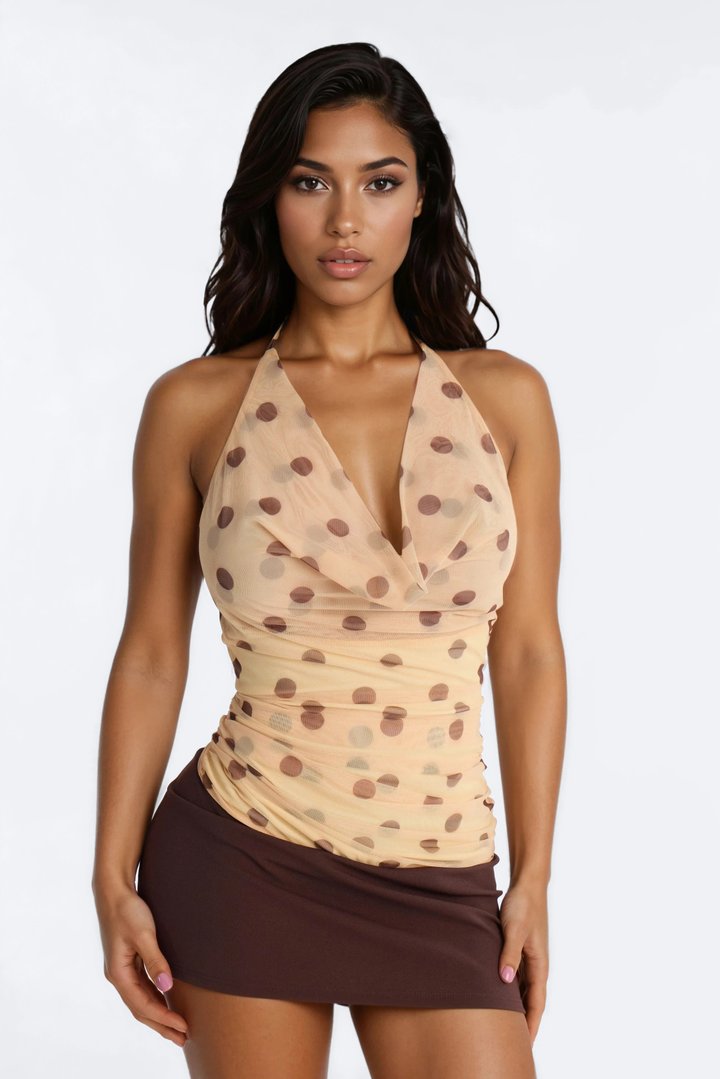 Mina Mesh Polka Dot Cowl Neck Halter Top - Yellow/combo