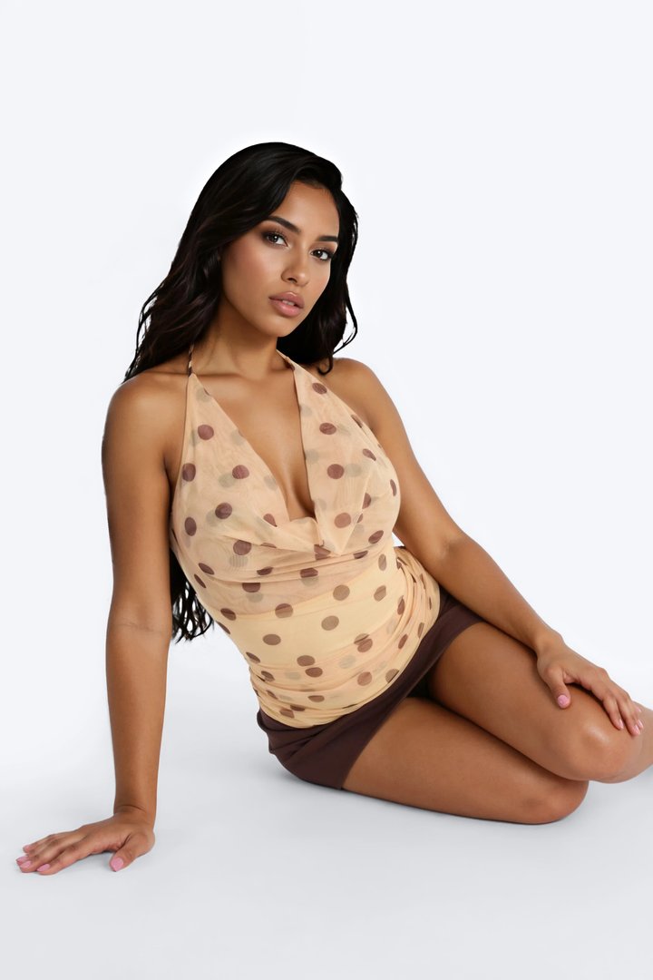 Mina Mesh Polka Dot Cowl Neck Halter Top - Yellow/combo