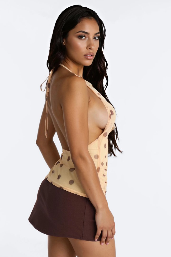 Mina Mesh Polka Dot Cowl Neck Halter Top - Yellow/combo
