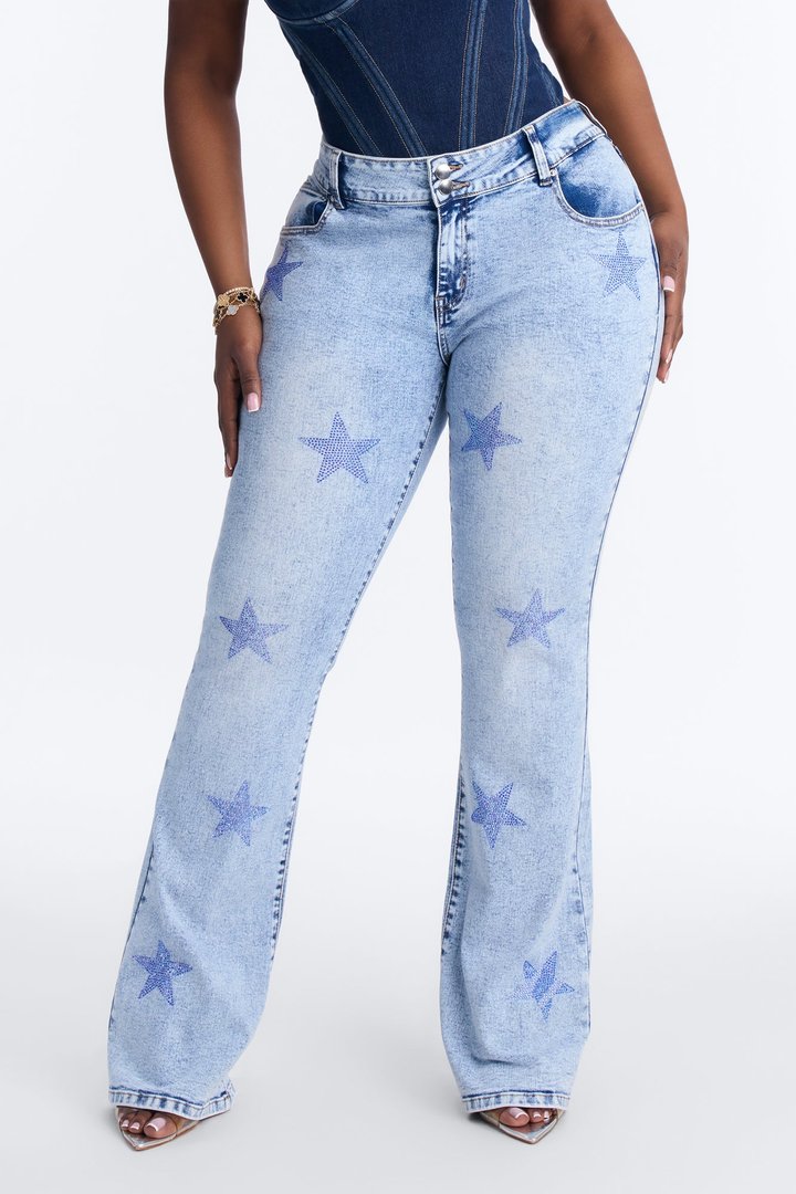 Stars Align Low Rise Embellished Bootcut Jeans - Light Wash