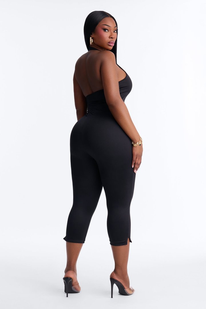 Contour Double Lined Halter Capri Jumpsuit - Black