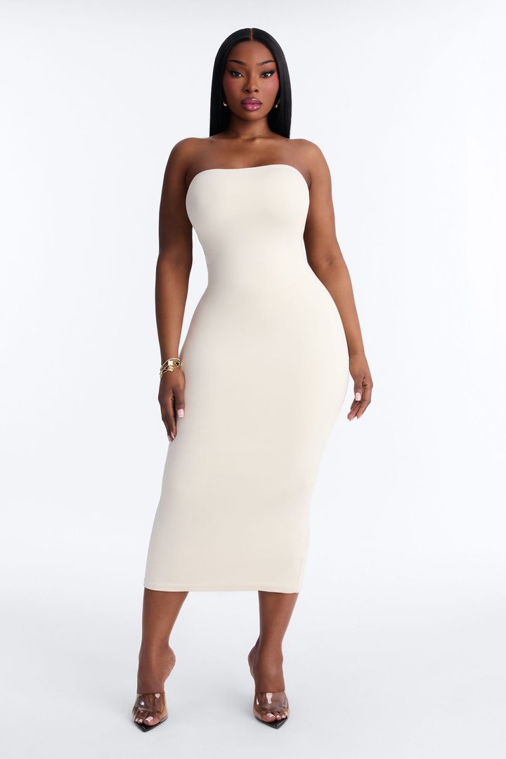 Contour Double Lined Strapless Midi Dress - Bone