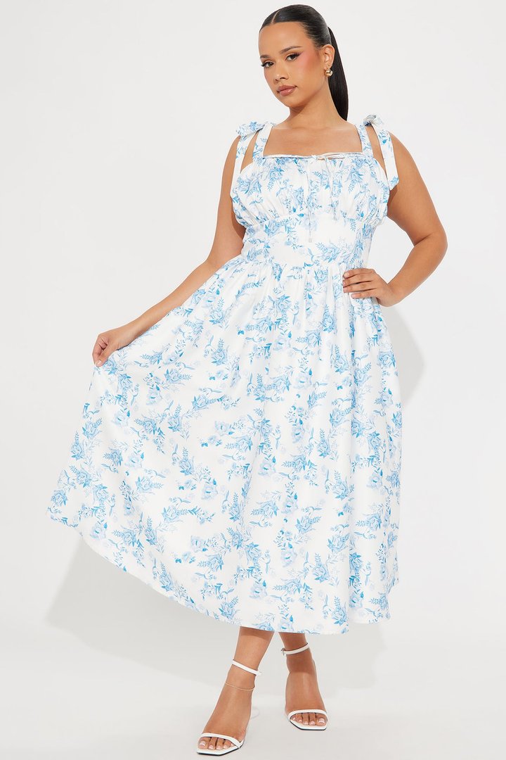 Sweet Delilah Floral Midi Dress - White/Blue