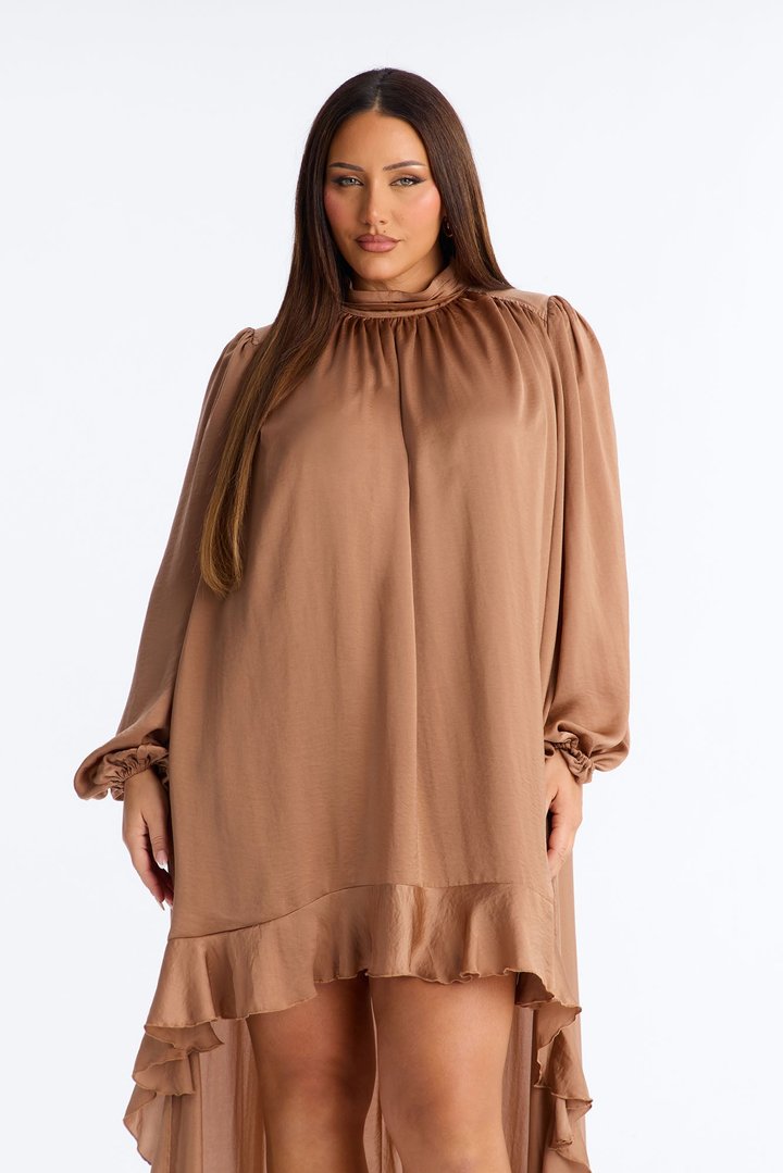 Giselle Long Sleeve Flowy Mini Dress - Mocha