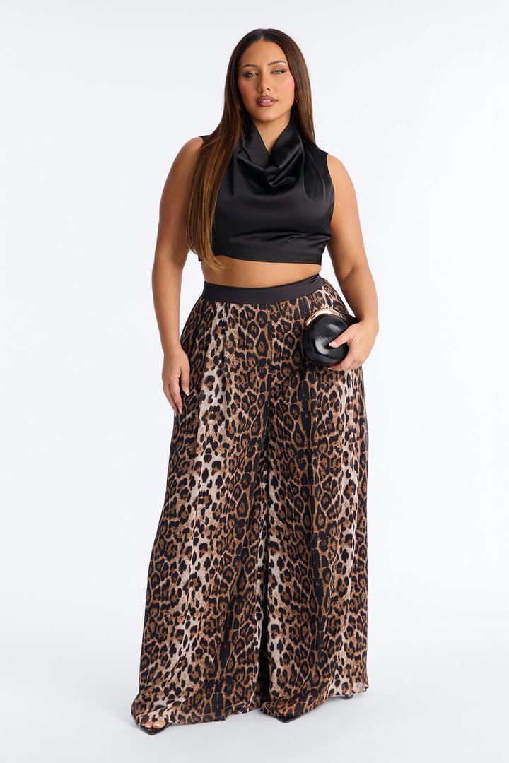 Flowy Layered Chiffon Leopard Wide Leg Pant 33″ - Leopard