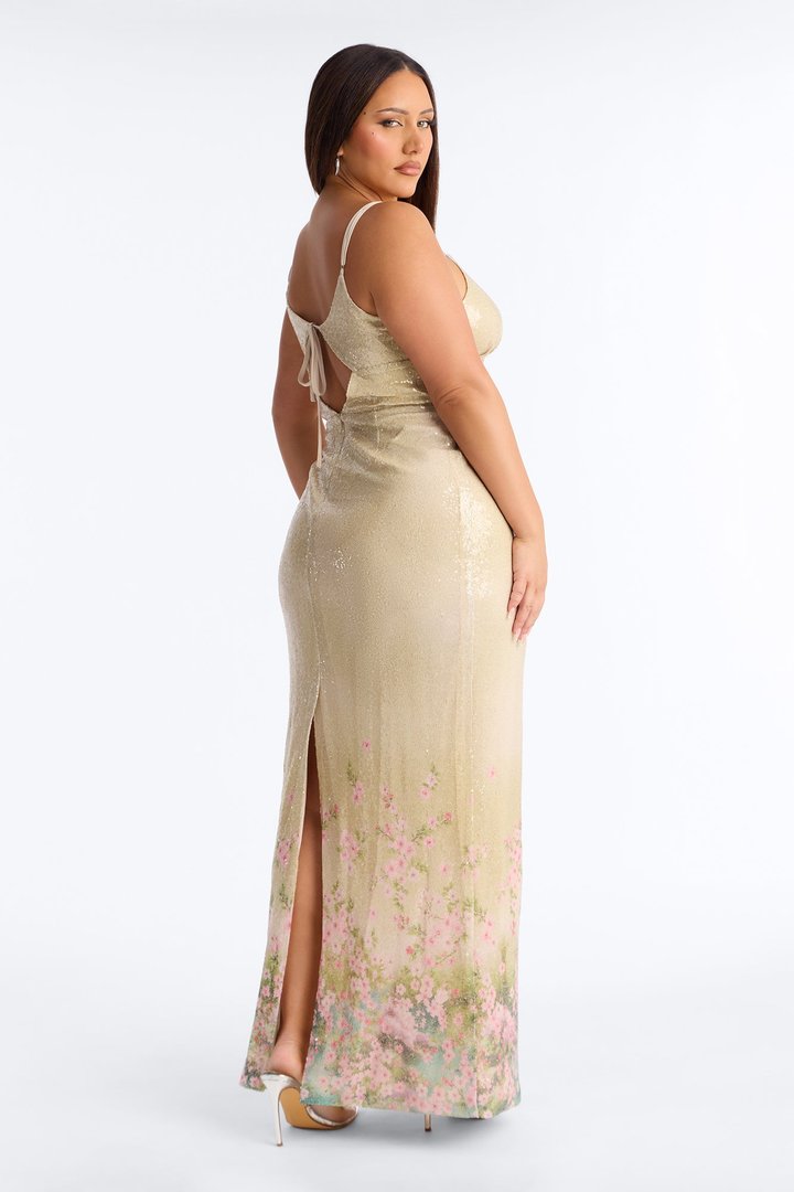 Delia Floral Sequin Gown - Nude/combo