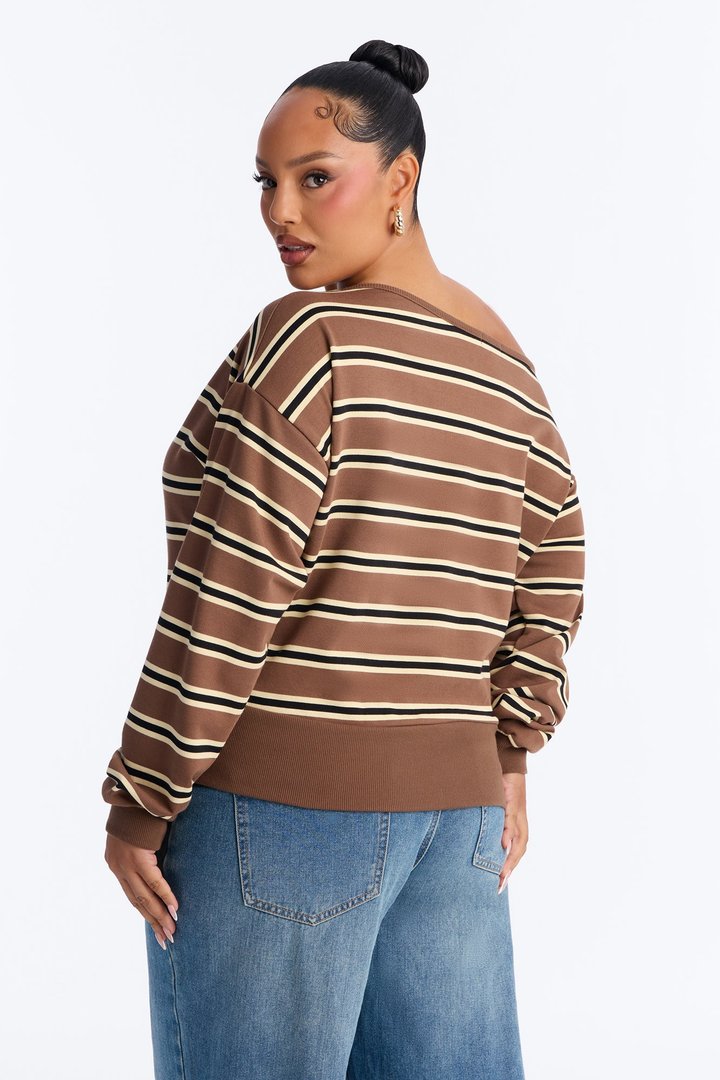 Micah French Terry Striped Off Shoulder Sweatshirt - Mocha/combo