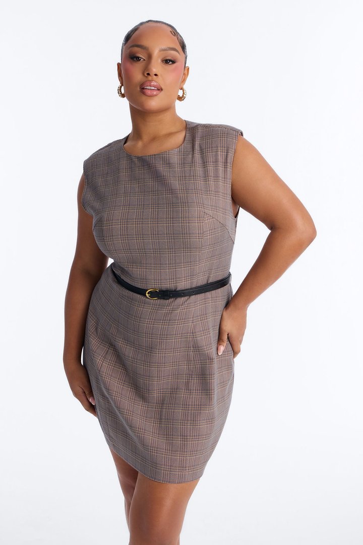Josephine Belted Plaid Mini Dress - Brown/combo