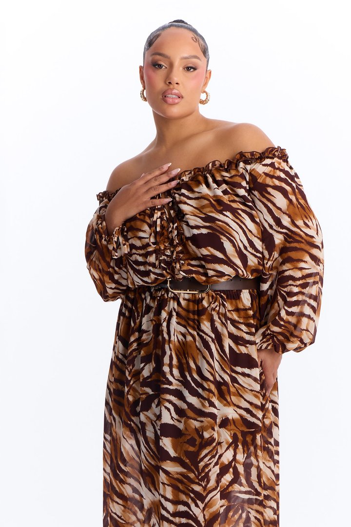 Amara Off Shoulder Chiffon Maxi Dress - Brown/combo