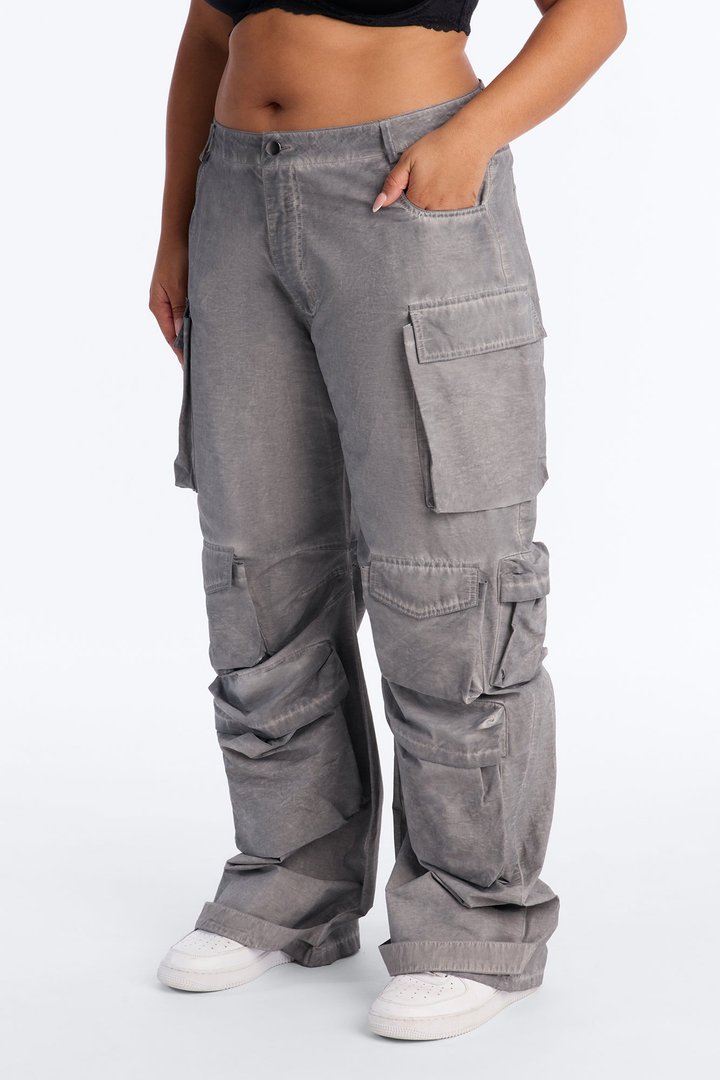 Talk It Up Oversized Distressed Washed Cargo Pant - Charcoal