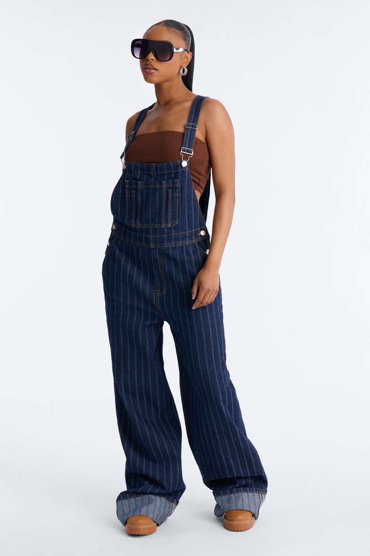 Carnaby Street Cuffed Baggy Denim Overalls - Dark Wash