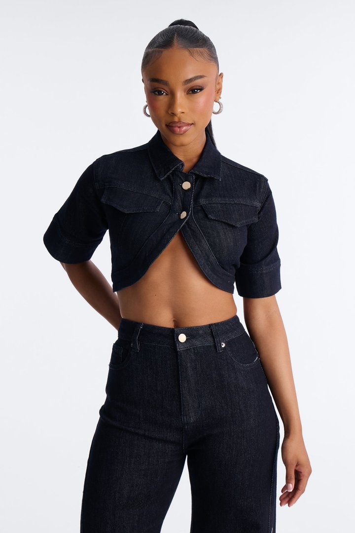Not Yours Cropped Denim Bolero Jacket - Dark Denim