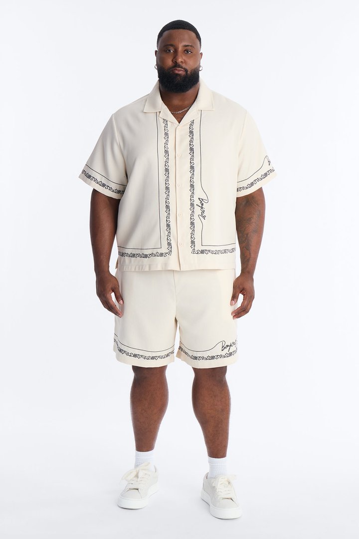 St. Tropez Embroidered Cuban Collar Button Up Shirt - Cream