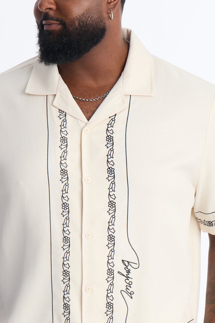 St. Tropez Embroidered Cuban Collar Button Up Shirt - Cream