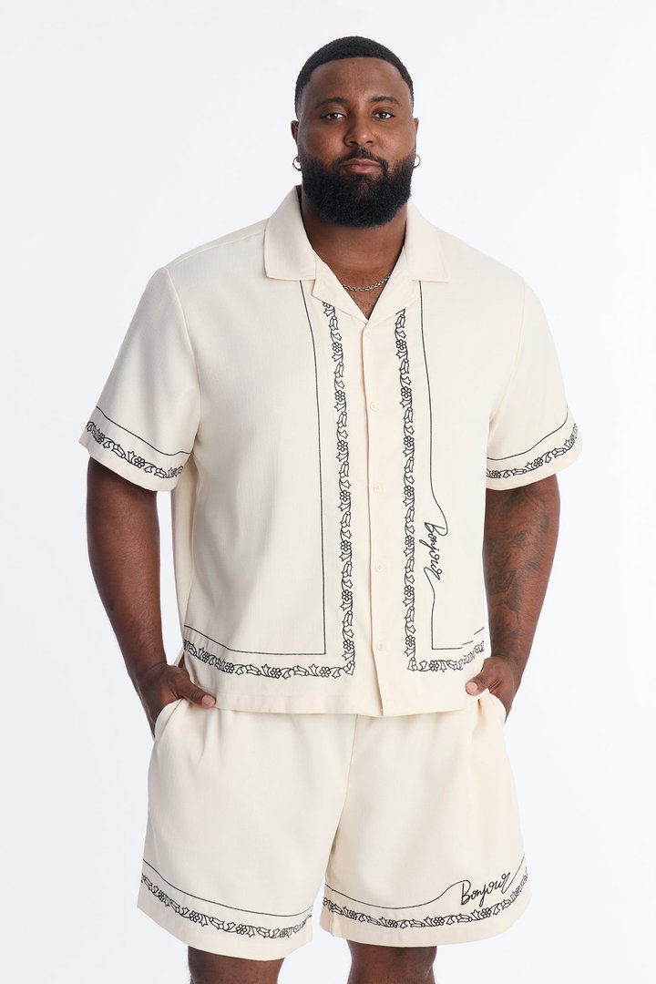 St. Tropez Embroidered Cuban Collar Button Up Shirt - Cream
