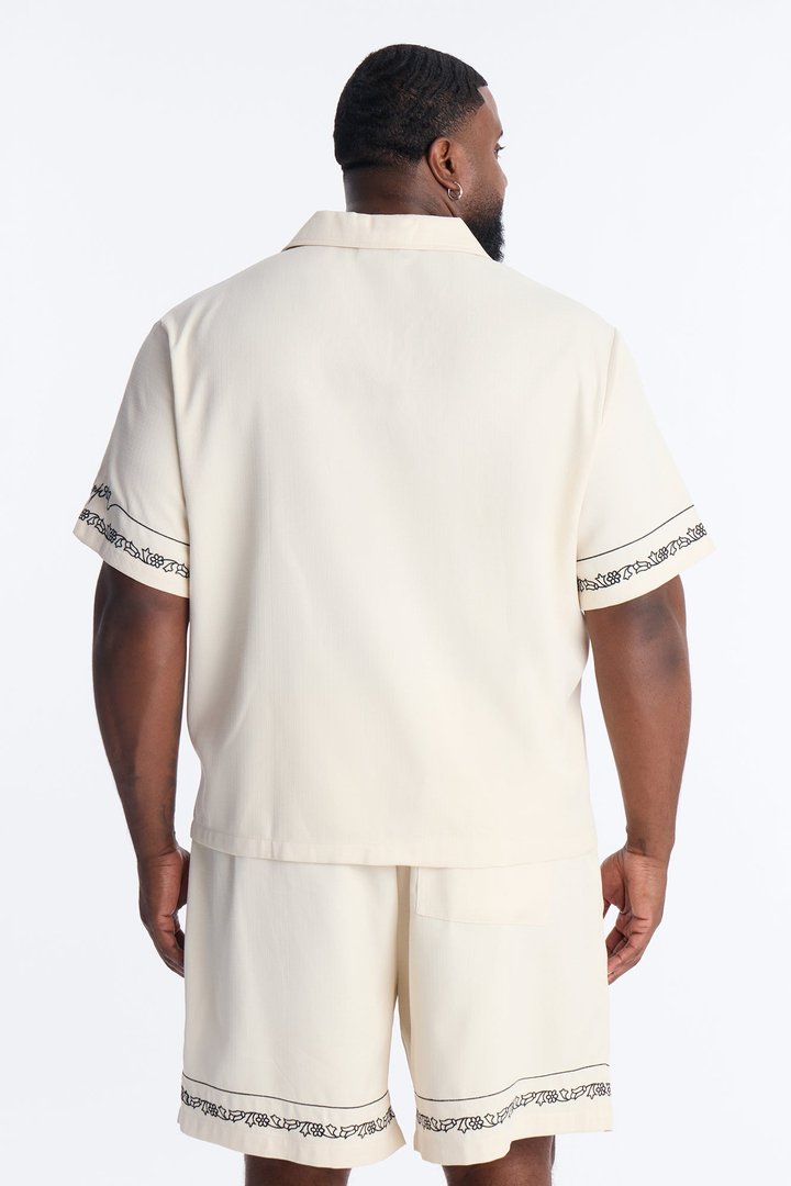 St. Tropez Embroidered Cuban Collar Button Up Shirt - Cream